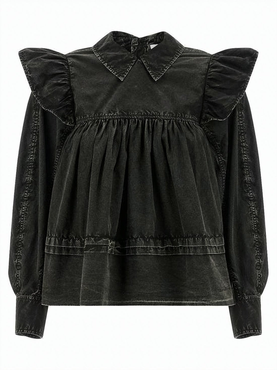 Washed Organic Cotton Blouse With Ruffled Shoulders