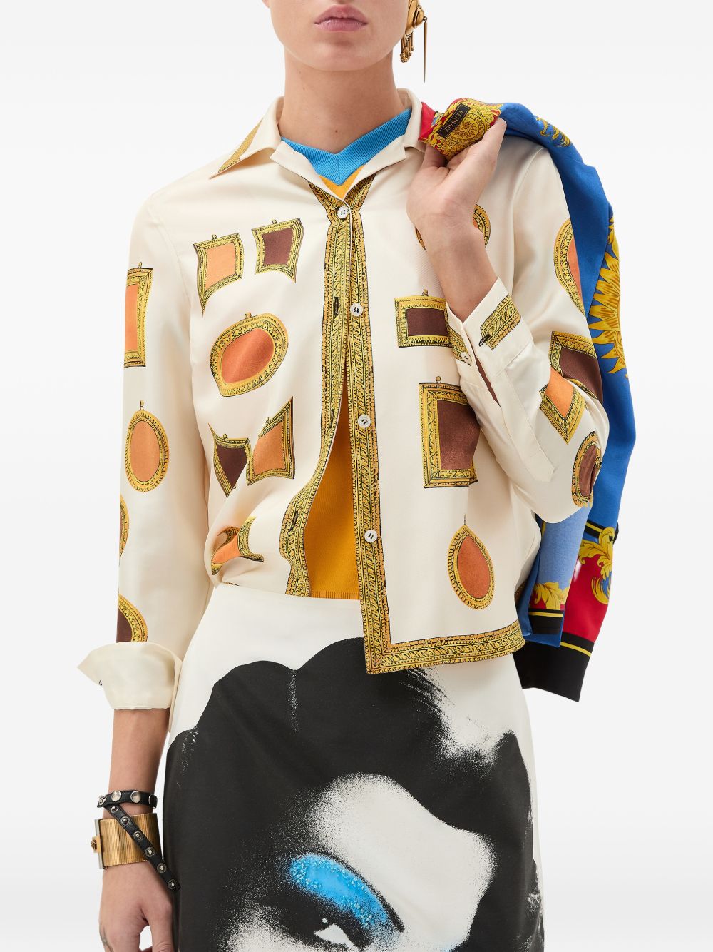 Silk And Nylon Top With Geometric Patterns And Gold Detailing