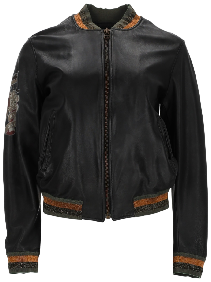 Black Leather Bomber Jacket With Contrasting Ribbed Details