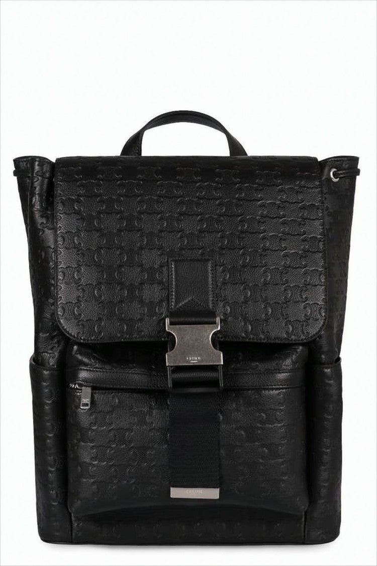 Structured Black Calf Leather Backpack with Metal Buckle Closure