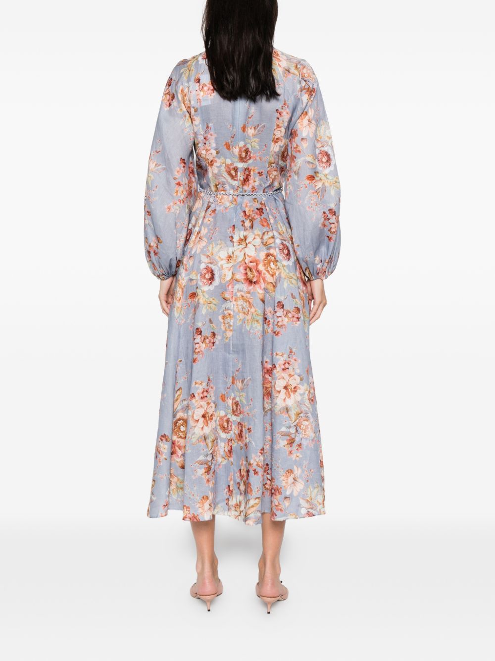 Floral-Print Midi Dress with Puffed Sleeves