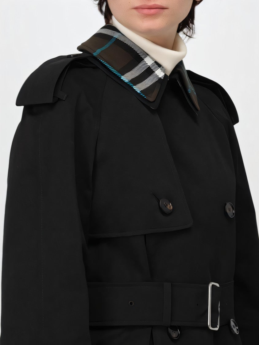 Double-Breasted Trench Coat with Distinctive Plaid Detail