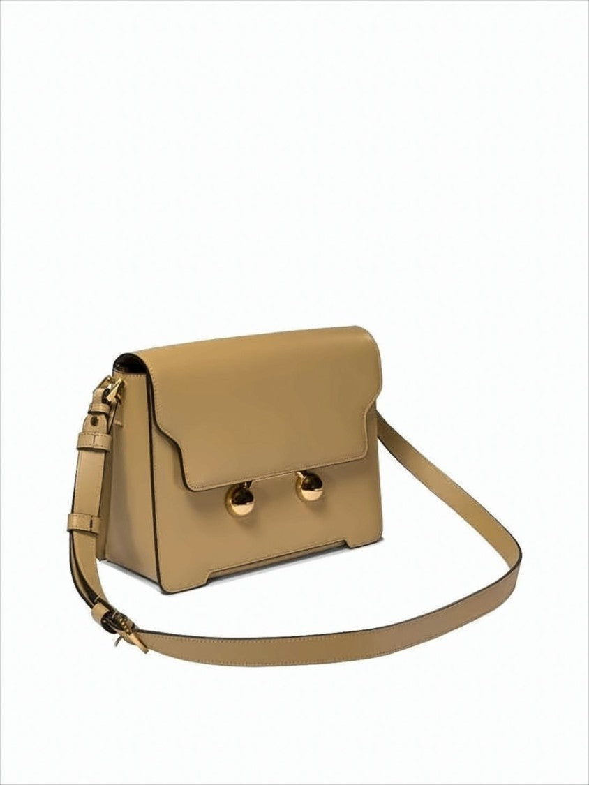 Structured Brown Leather Shoulder Bag with Gold-Tone Clasps