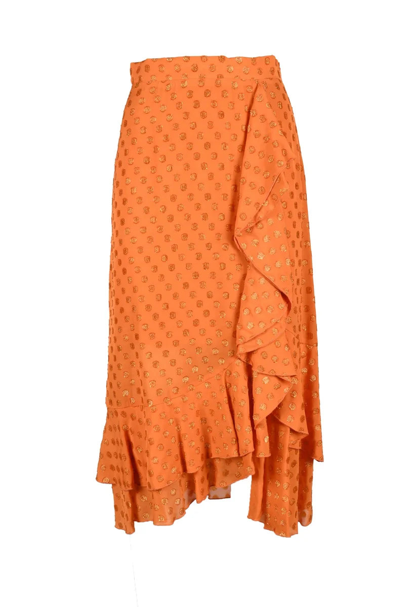 Orange Midi Skirt with Asymmetrical Ruffle