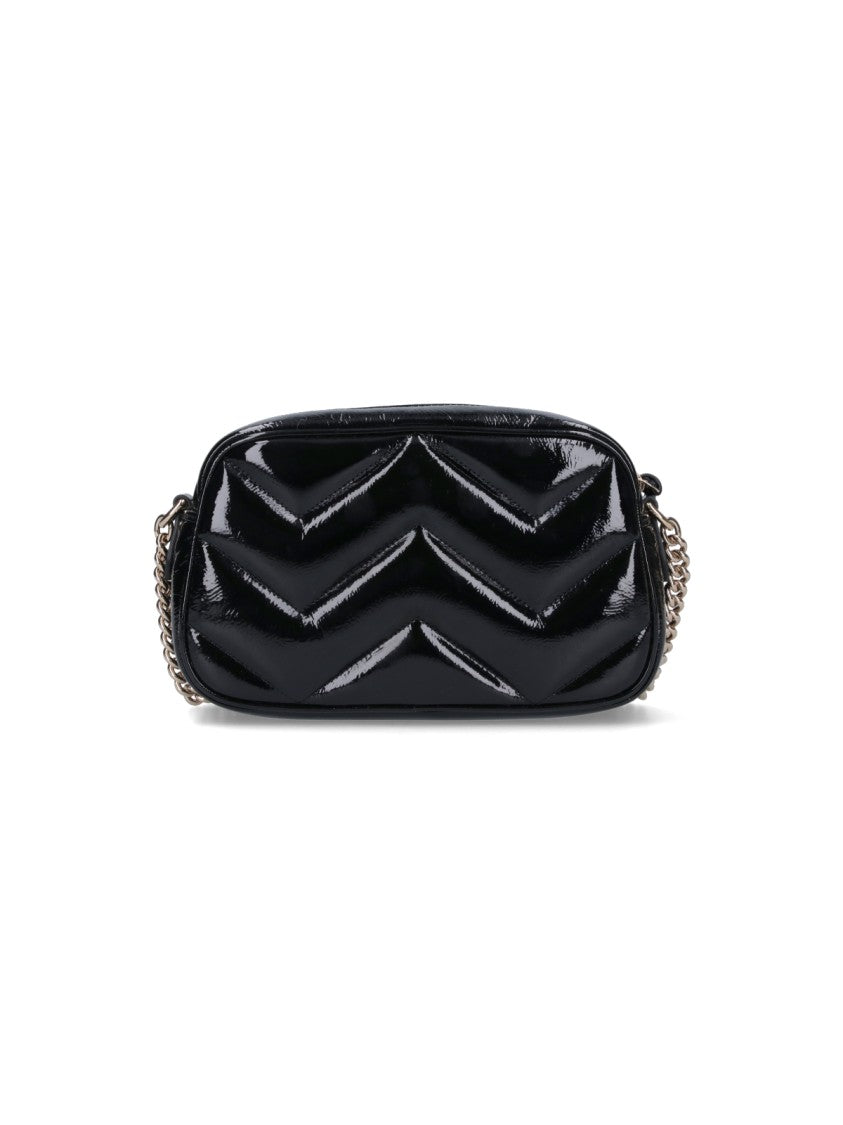 Chevron-Pattern Black Patent Leather Shoulder Bag With Adjustable Chain Strap