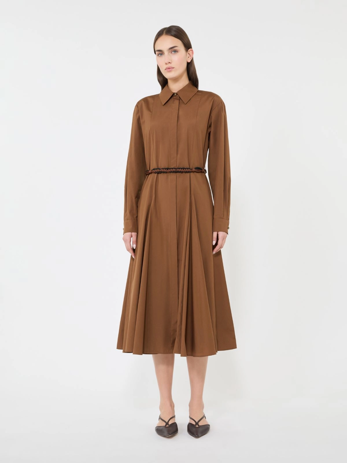 Midi Dress with Flared Skirt and Braided Belt