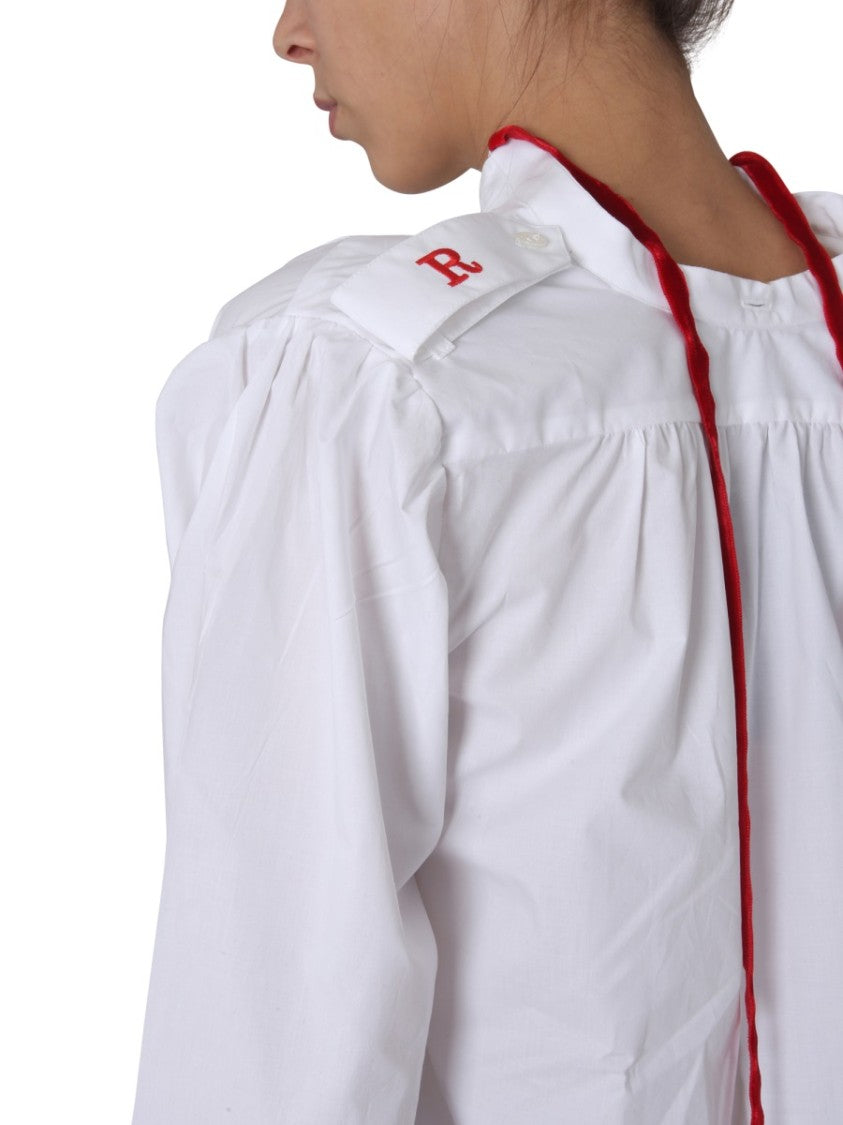 V-Neck Cotton Top With Bow-Detail Collar