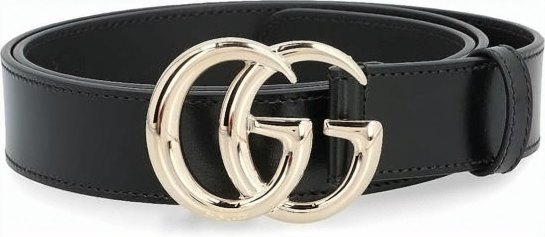 Black Leather Belt with Gold-tone Double G Buckle
