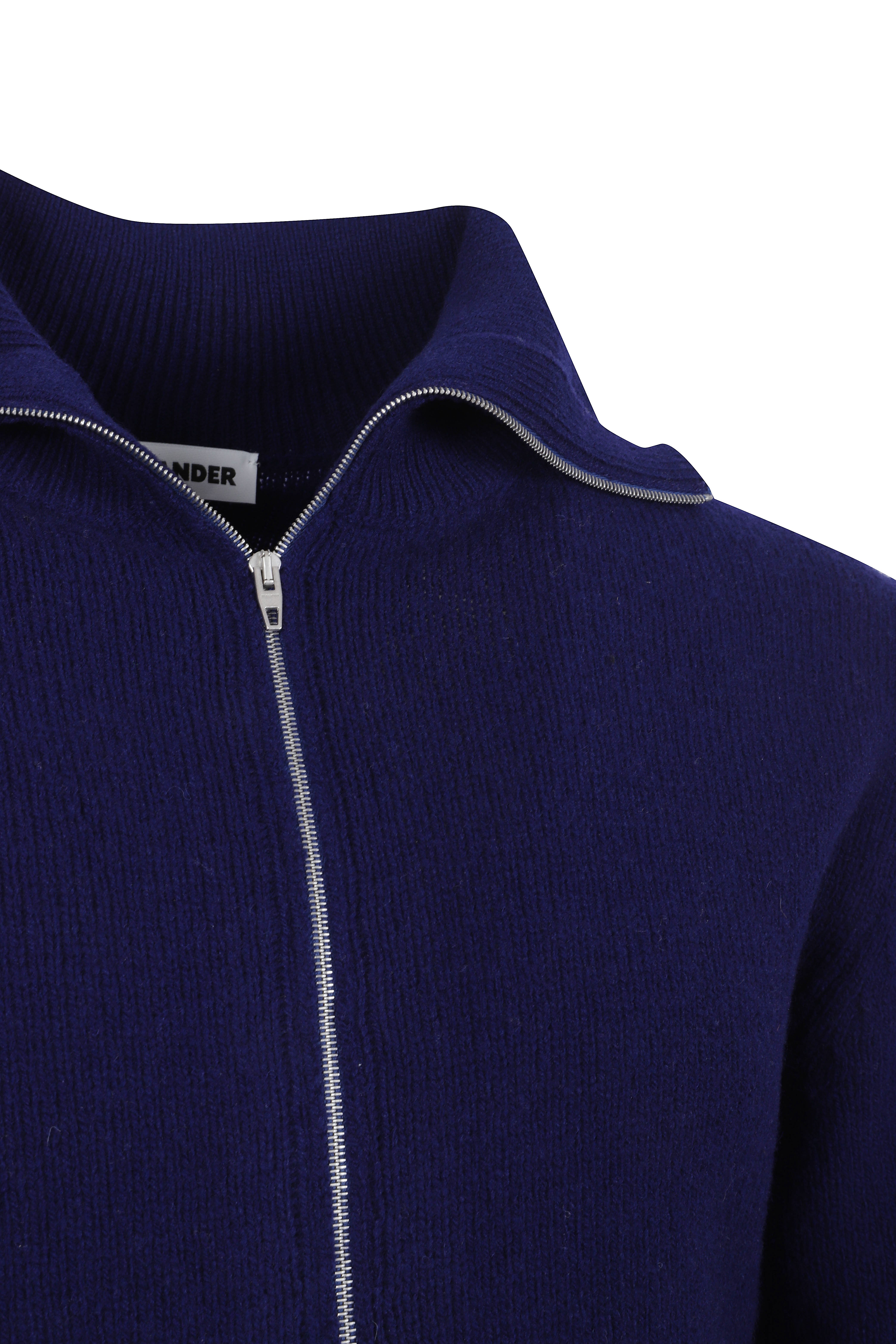 Deep Blue Knit Sweater with Full Front Zipper and Versatile Collar