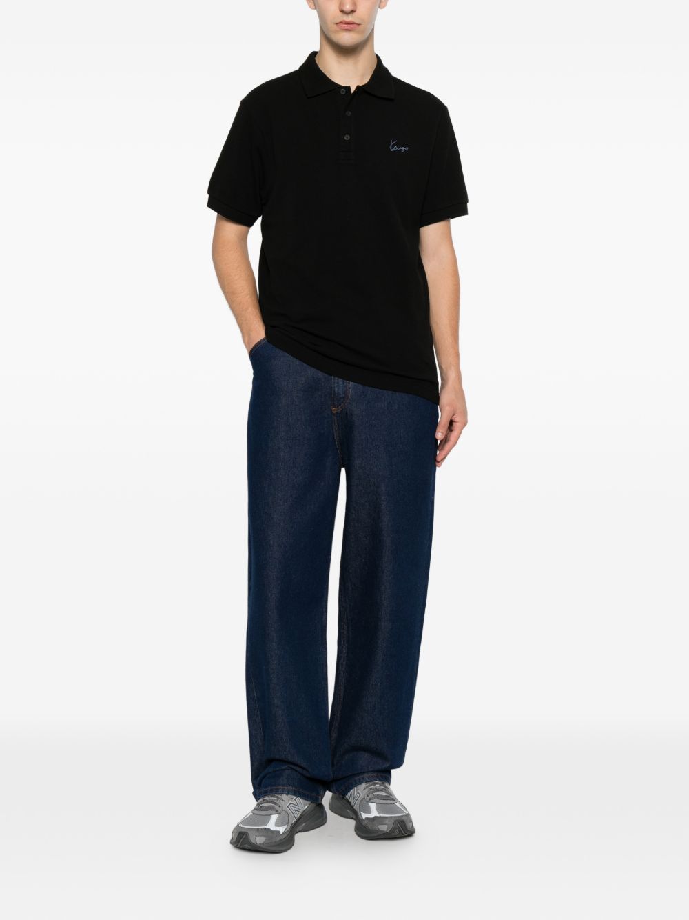 Black Cotton Piqué Embroidered Polo