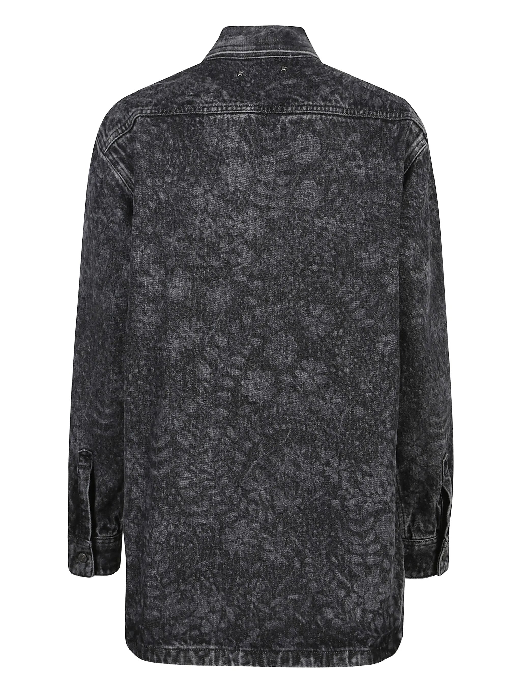 Washed Black Denim Floral Pattern Shirt
