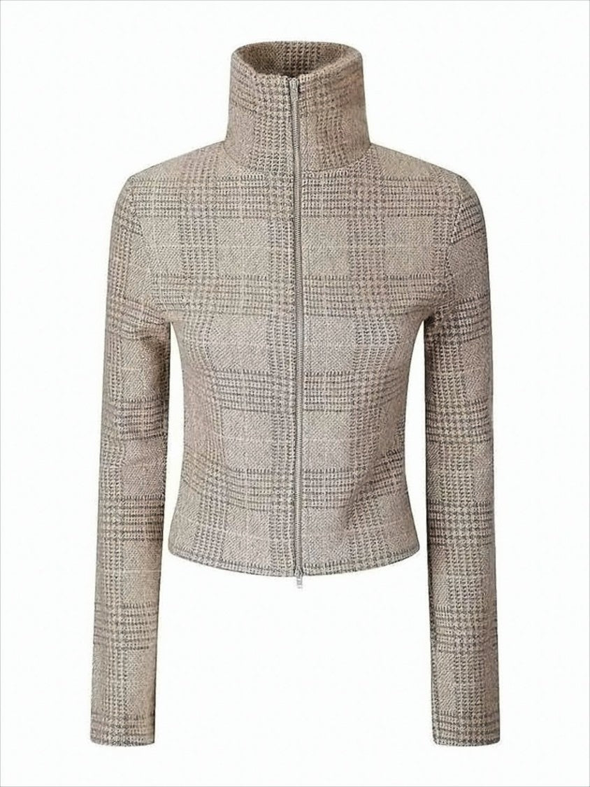 Fitted Textured Cardigan with High Collar and Zip Closure