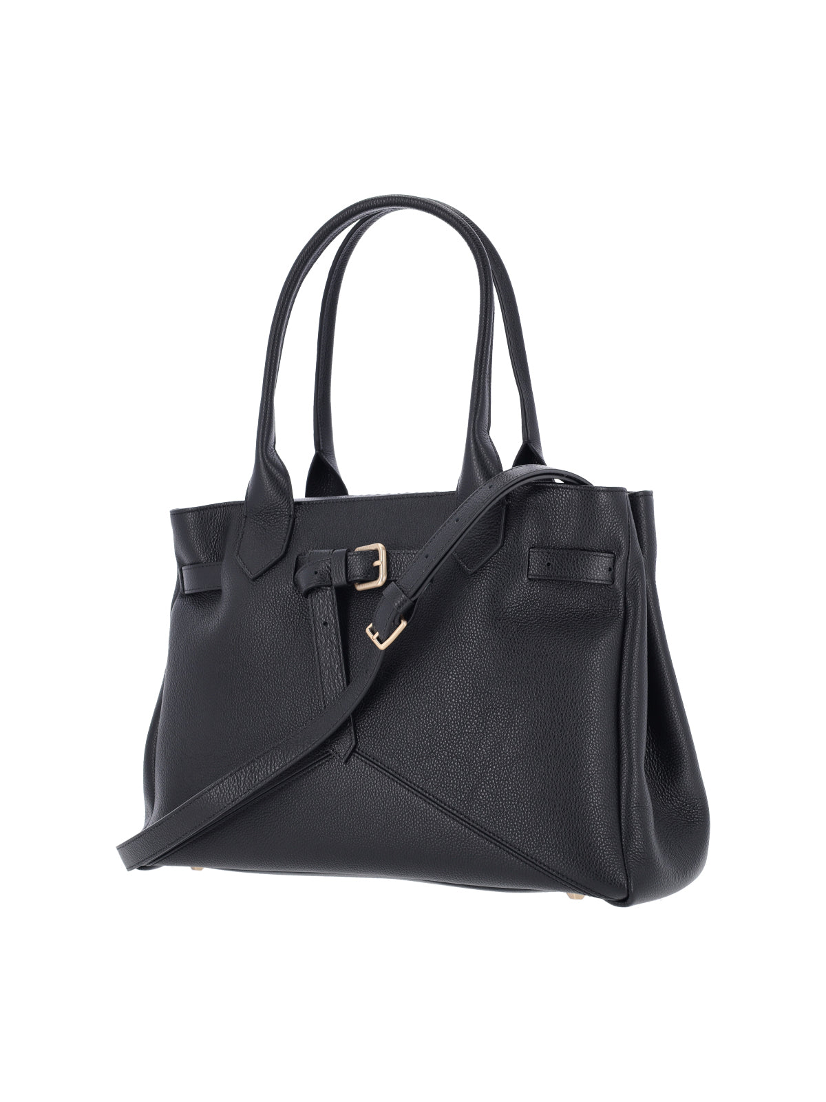 Structured Black Calf Leather Tote With Adjustable Buckle Detail