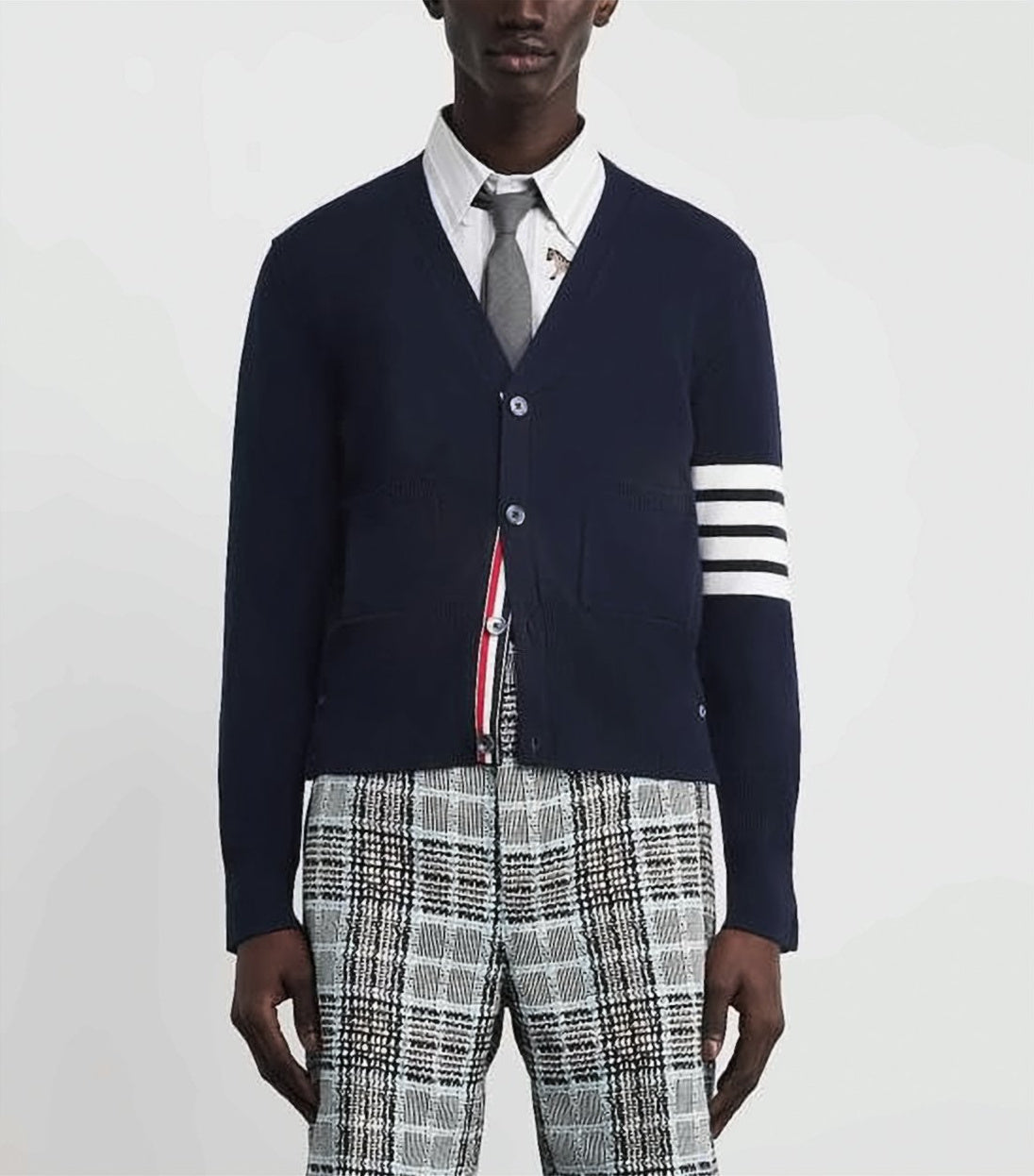 Navy Wool Cardigan with Horse Motif and Distinctive Stripes