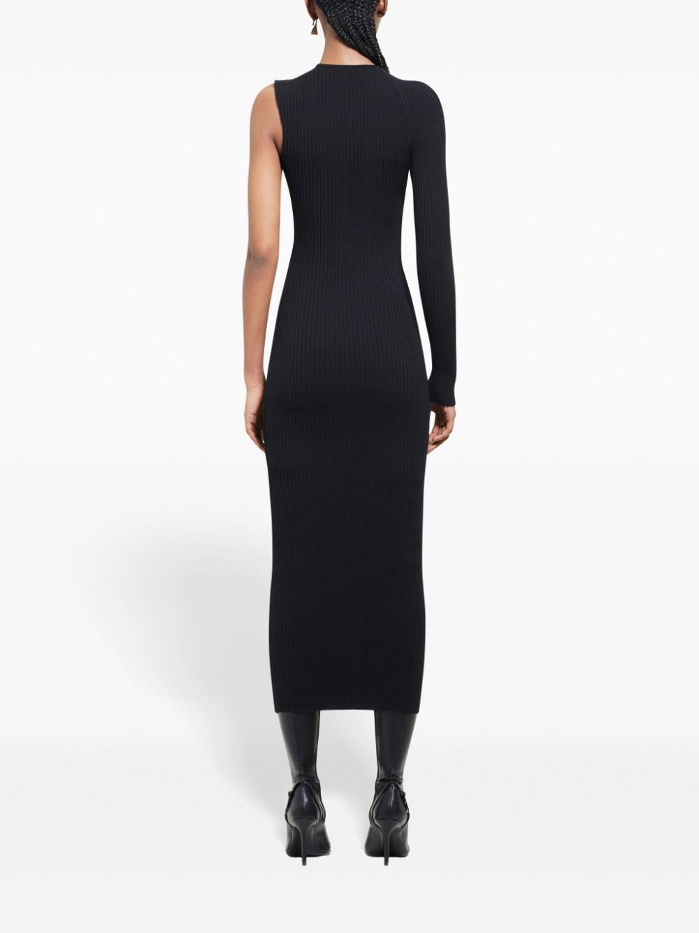 Asymmetric Black Ribbed Midi Dress