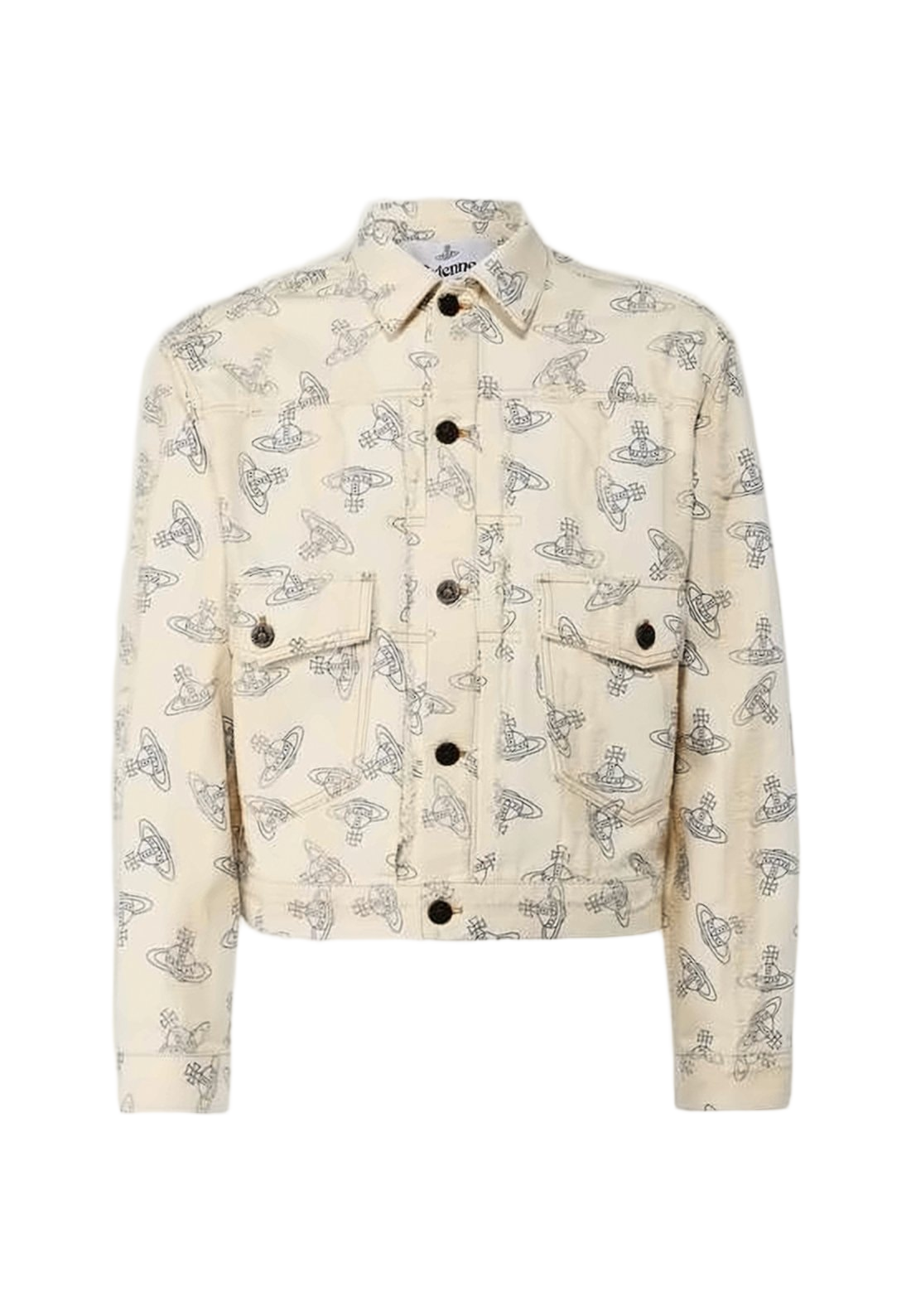 Cropped Beige Denim Jacket with Repeated Emblem Pattern