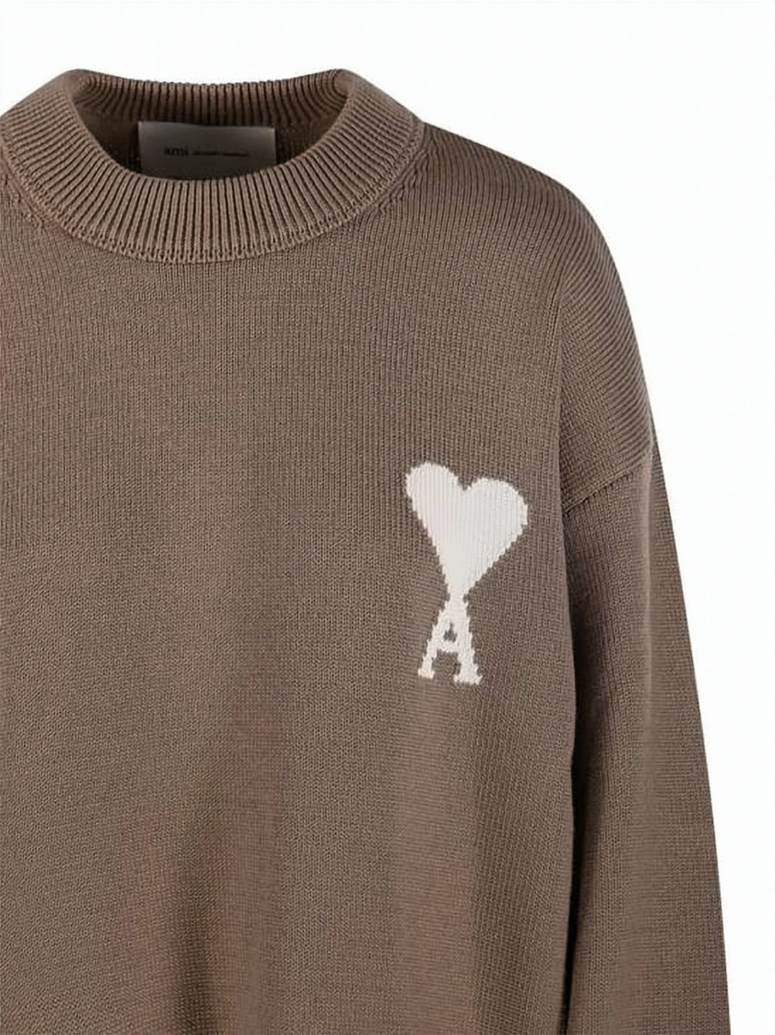Knit Crewneck Sweater With Heart Motif In Brown