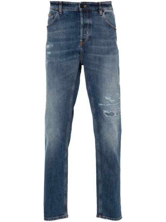 Classic Blue Wash Denim Pants With Distressed Details
