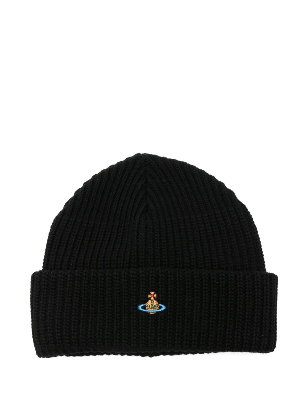 Ribbed Knit Beanie With Turn-Up Brim And Orb Emblem