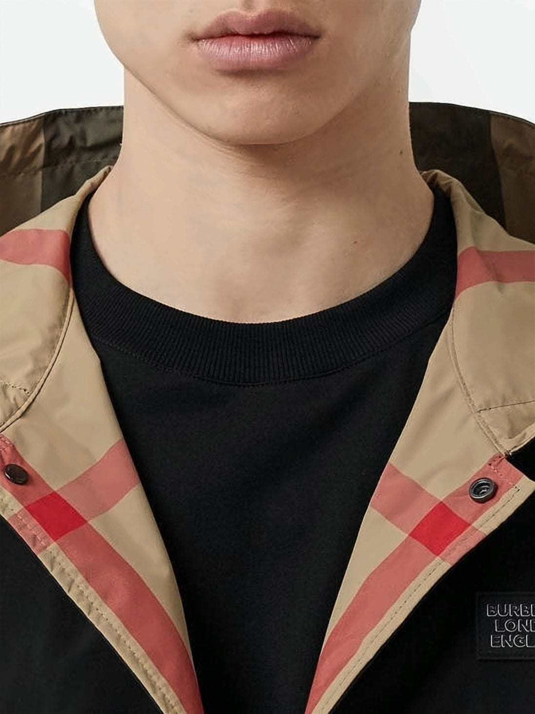 Reversible Hooded Short Jacket with Classic Check and Solid Design