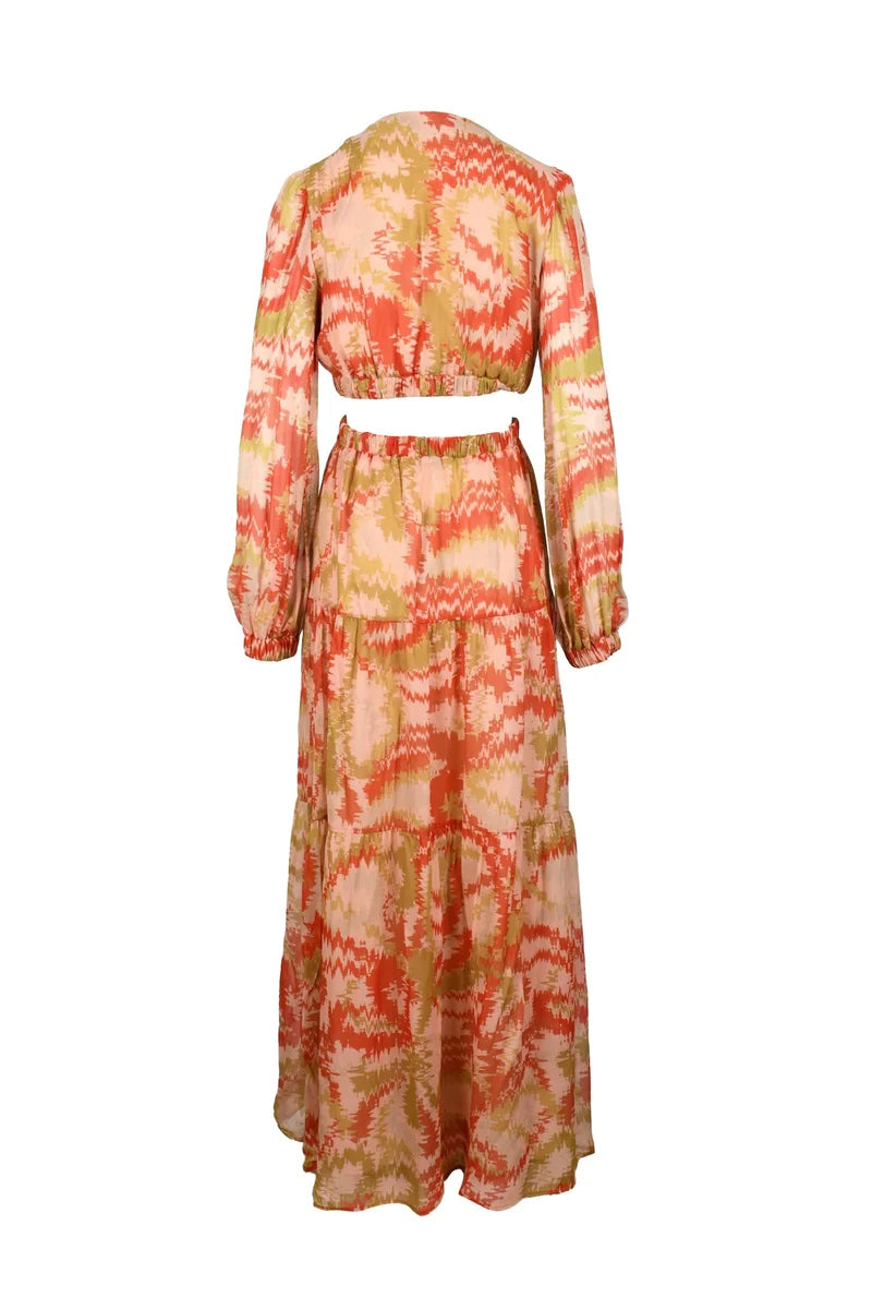 Long Chiffon Dress Puff Sleeves - Orange/Pink