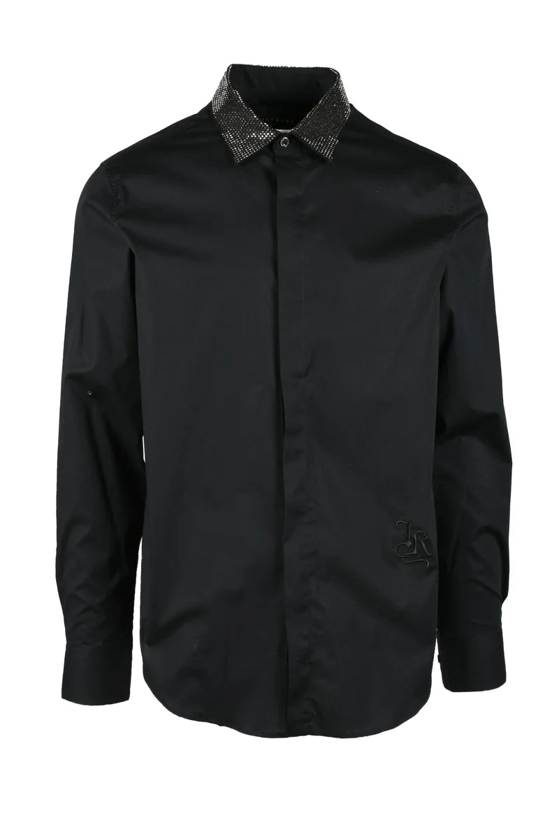 Long Sleeve Black Shirt with Textured Collar