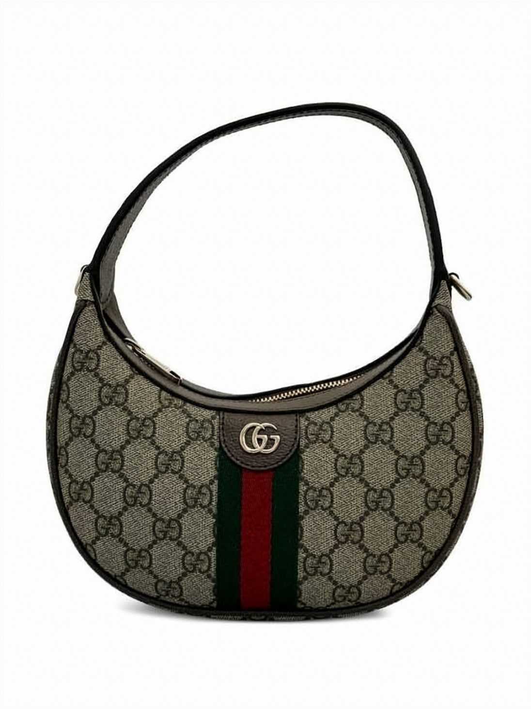 Crescent-Shaped Shoulder Bag with Signature Monogram Canvas and Web Stripe