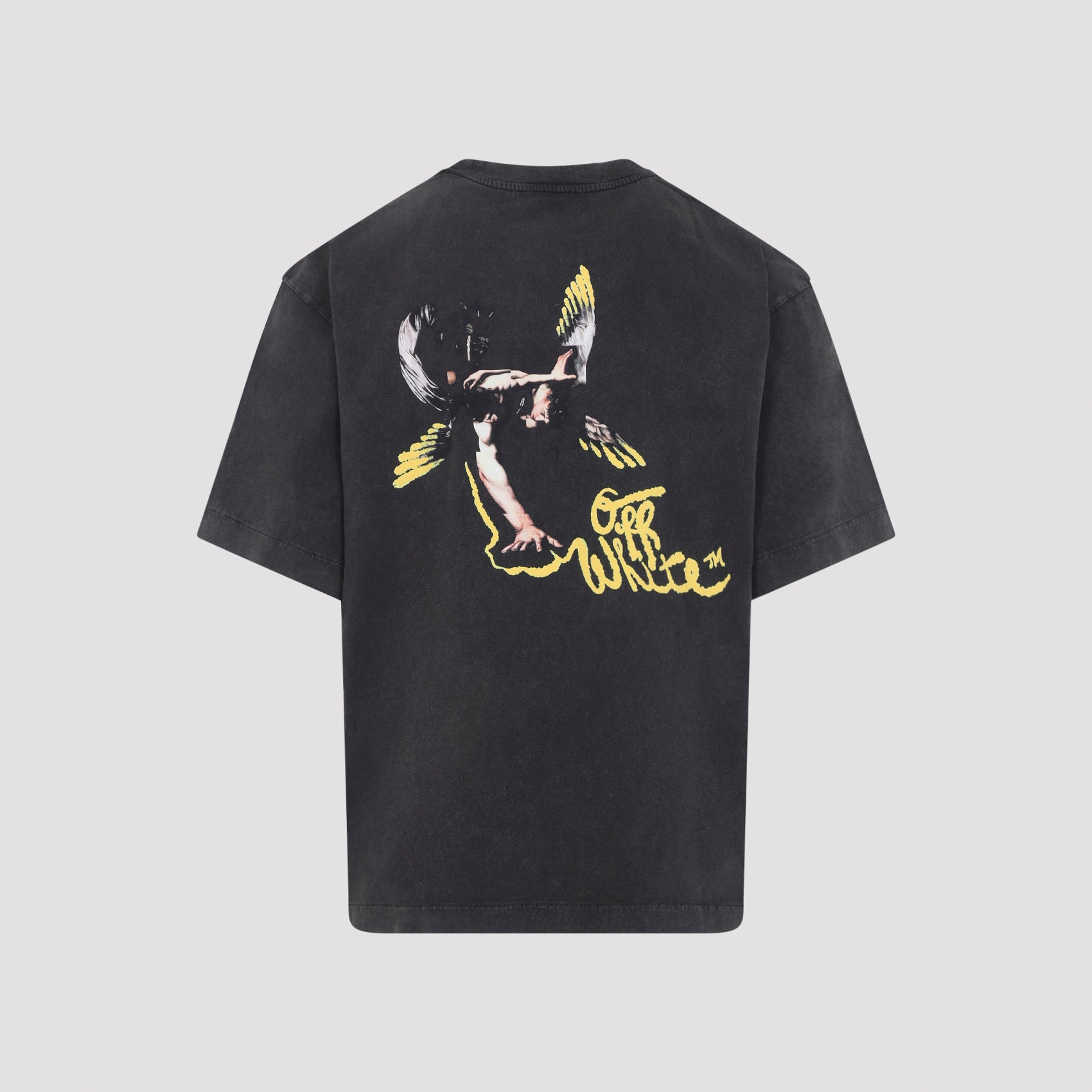 Graphic Black Cotton T-Shirt with Winged Figure Artwork