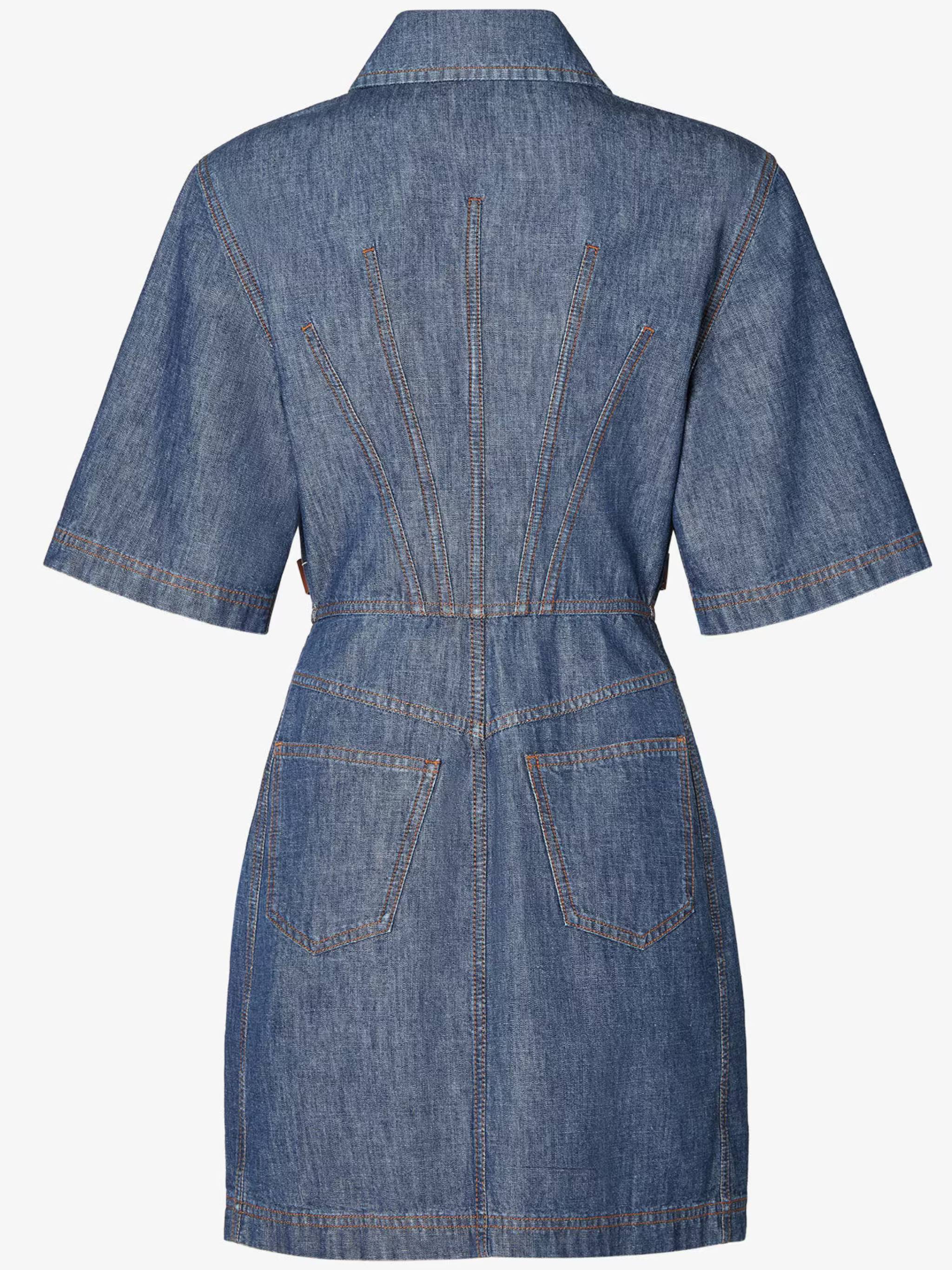 Short-Sleeved Denim Dress with Structured Collar and Utility Pockets