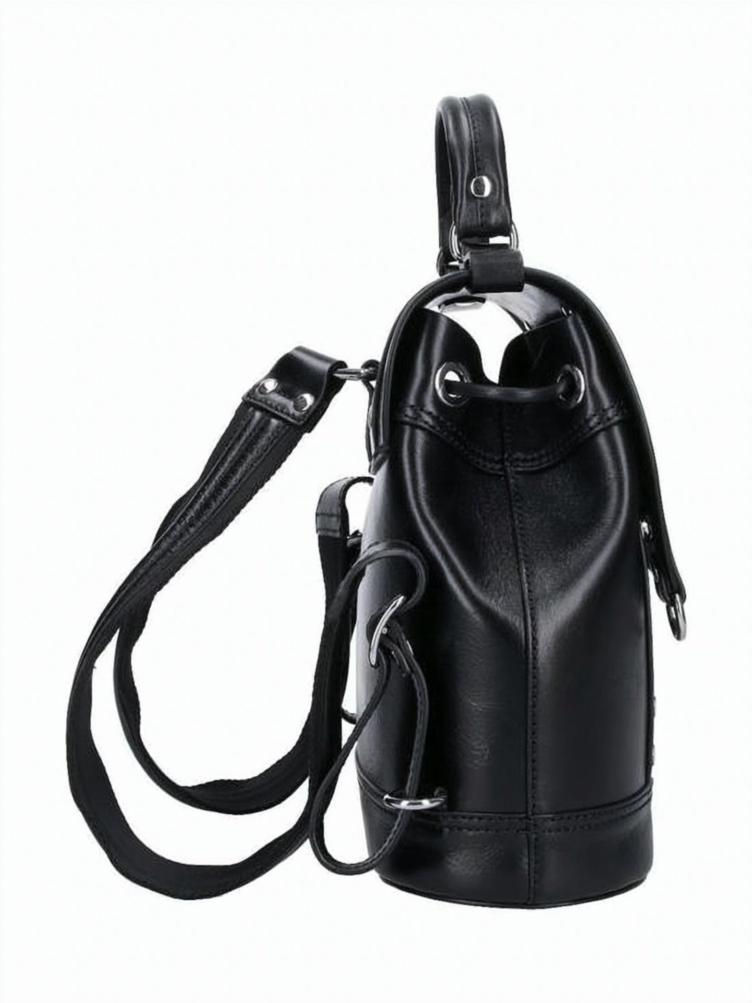 Black Structured Leather Orb Emblem Backpack