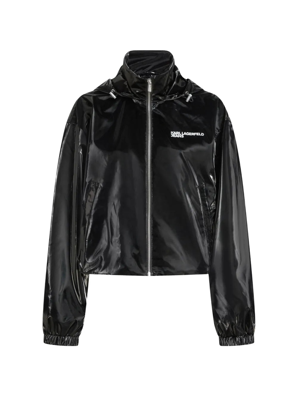 Glossy Black Cropped Jacket with High Collar