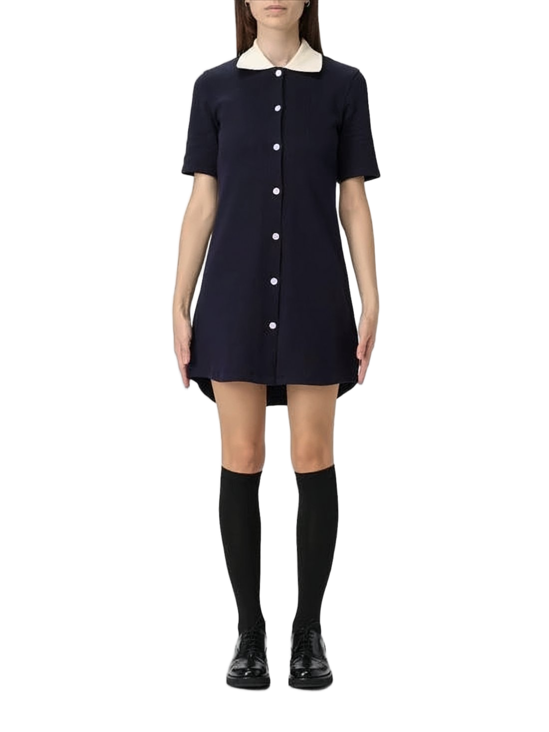 Ribbed Knit Midi Dress with Contrasting Collar