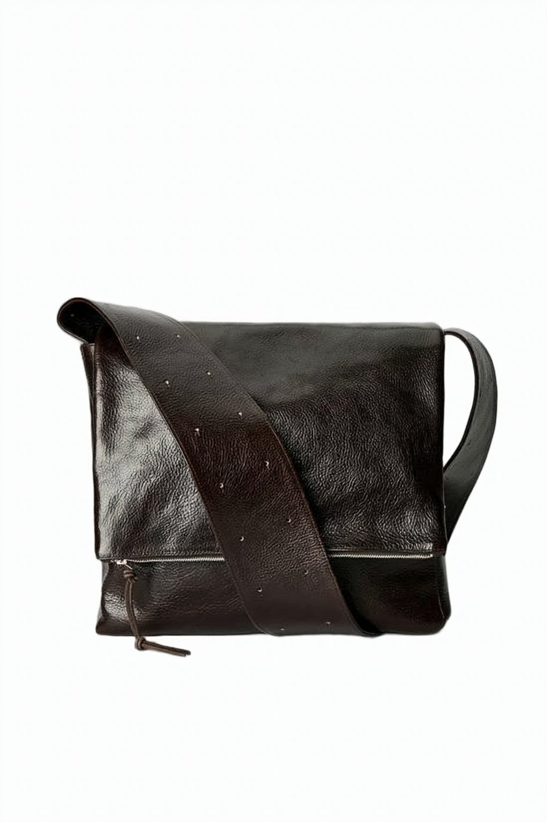 Smooth Brown Leather Shoulder Bag With Textured Strap