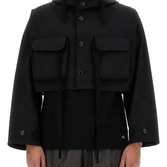 Cropped Black Hooded Jacket With Front Pockets And Drawstring Details