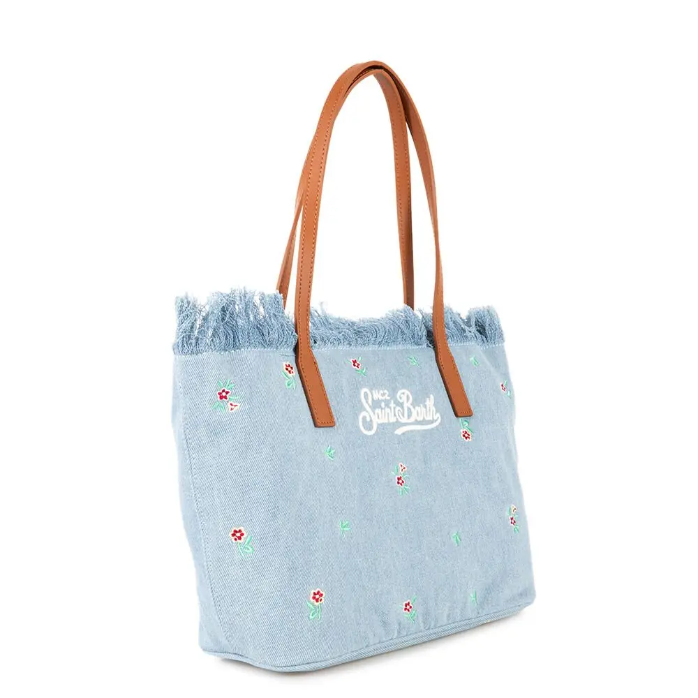 Light Blue Denim Tote Bag with Floral Embroidery