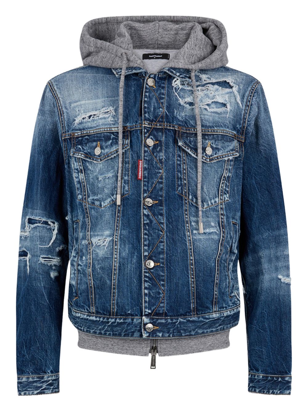 Distressed Denim Jacket With Grey Hood And Ribbed Cuffs