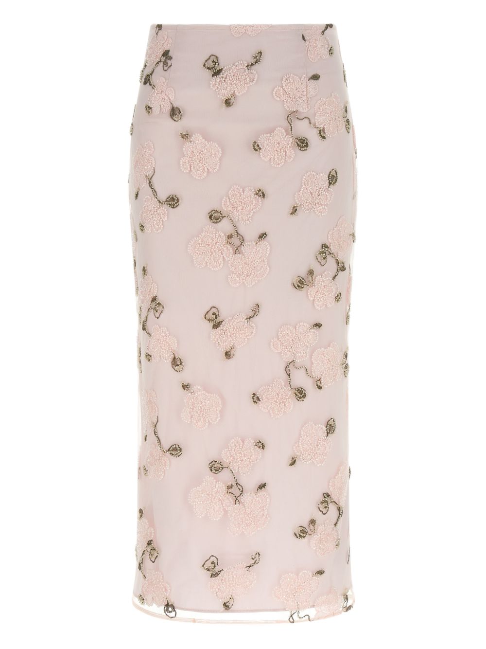 Floral-Embroidered Midi Skirt with Sheer Finish