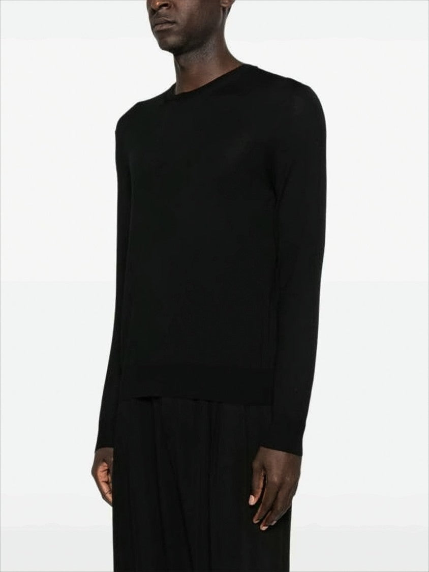 Crew Neck Black Wool Sweater with Ribbed Detail