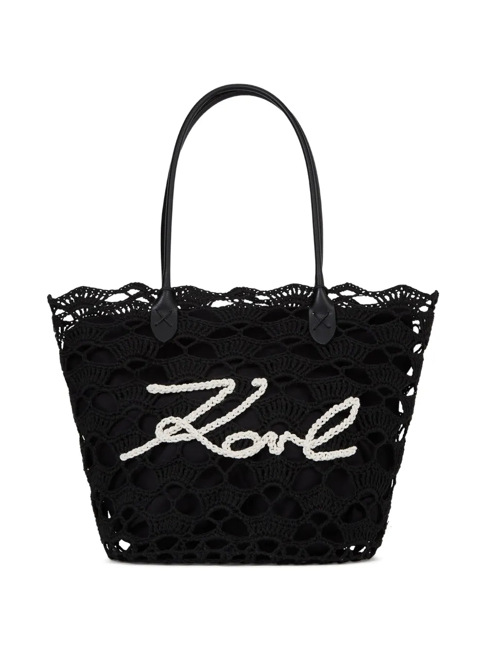 Intricate Openwork Crochet Tote Bag with Logo Detail