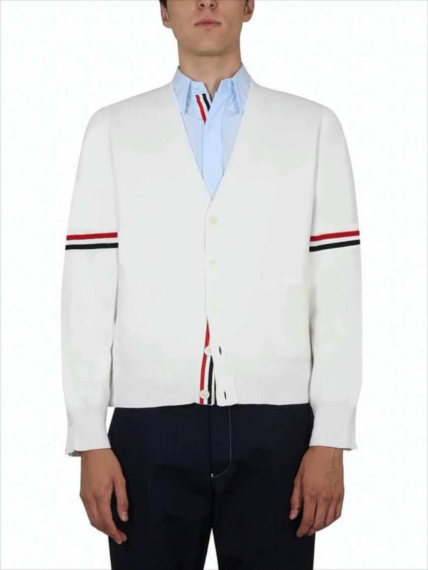 V-Neck Button Closure Cardigan with Contrasting Stripes