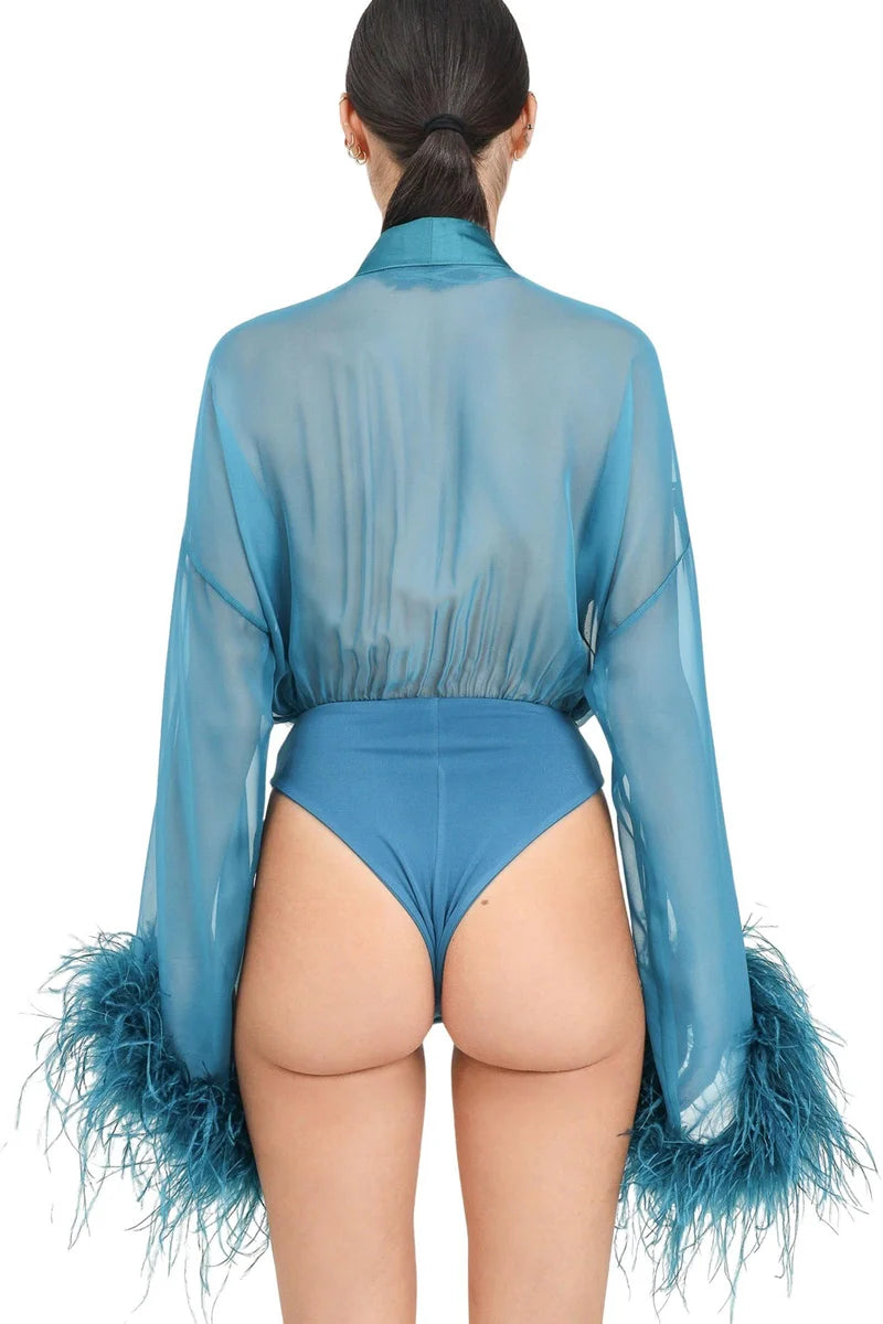 Deep V-Neck Bodysuit with Sheer Sleeves