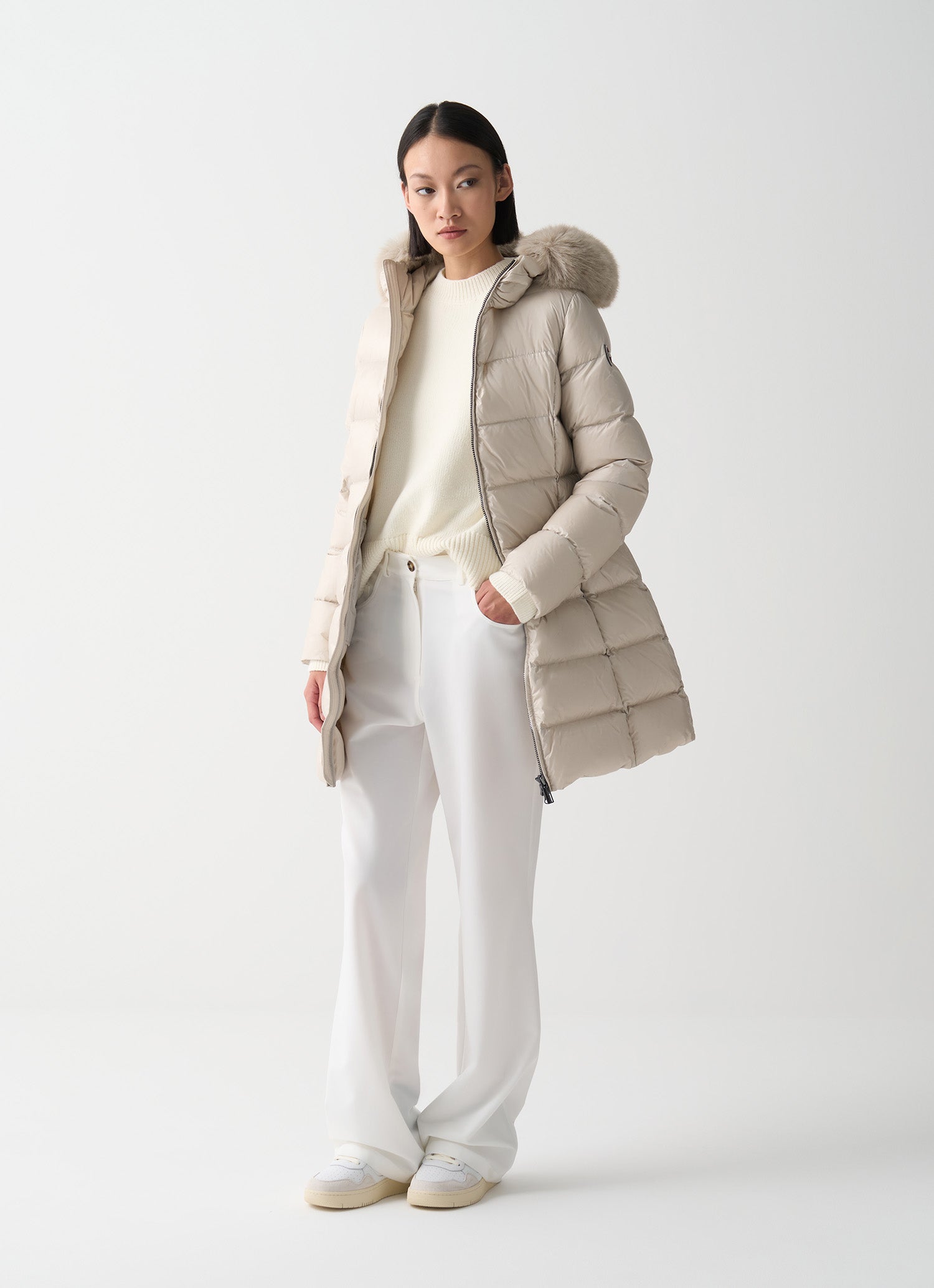 Long Puffer Coat With Synthetic Fur Trim