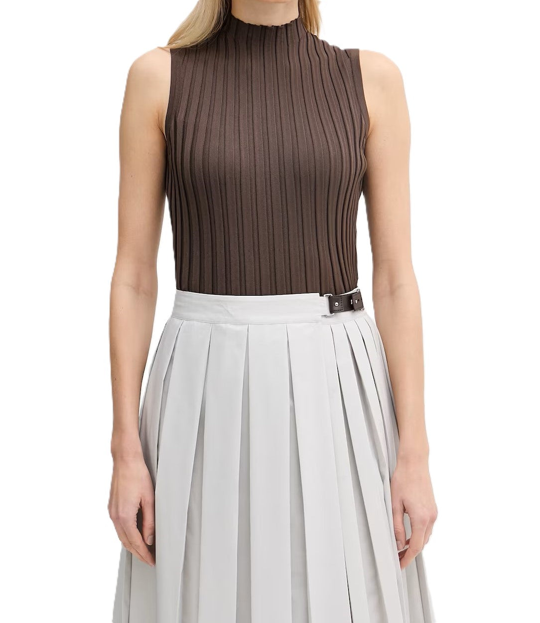 Ribbed Texture Sleeveless Top with High Neckline