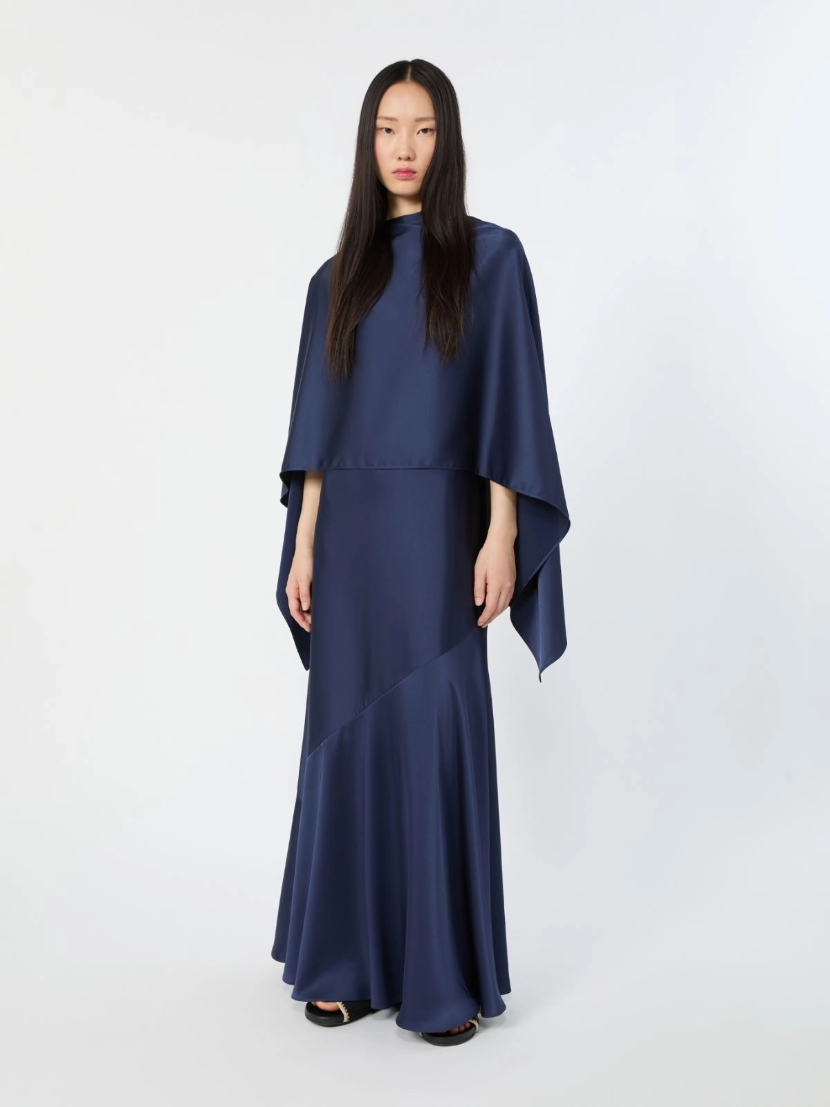 Asymmetrical Deep Navy Maxi Dress with Draped Overlay