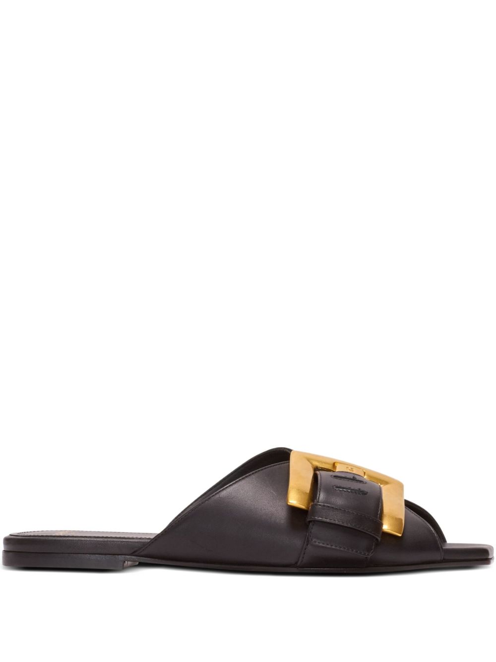Black Flat Sandals With Bold Gold Buckle