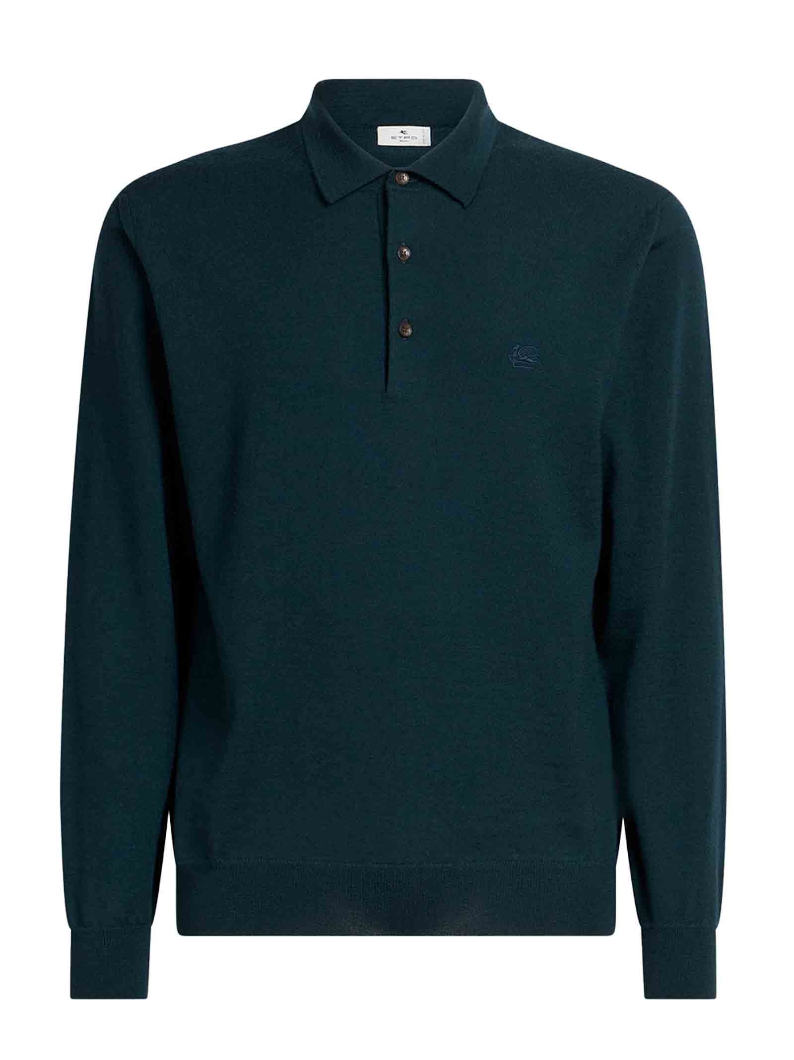 Long-Sleeved Bottle Green Knit Polo Shirt