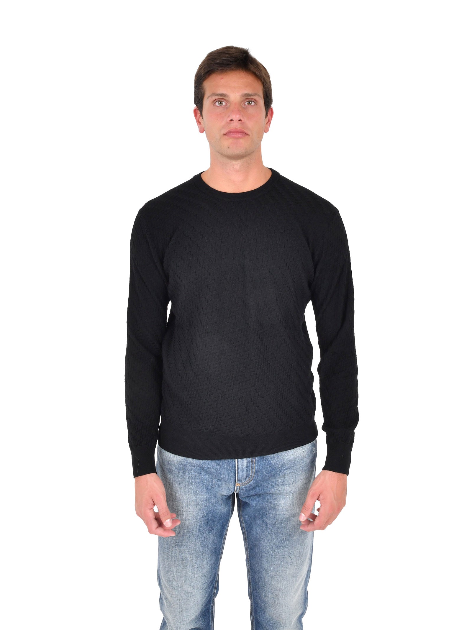 Black Crew Neck Sweater In Jacquard Virgin Wool