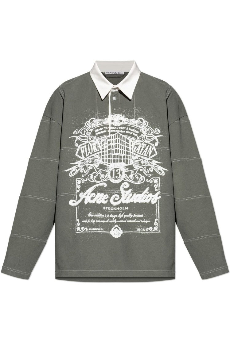 Olive Green Long-Sleeve Shirt With Contrasting White Collar And Graphic Print