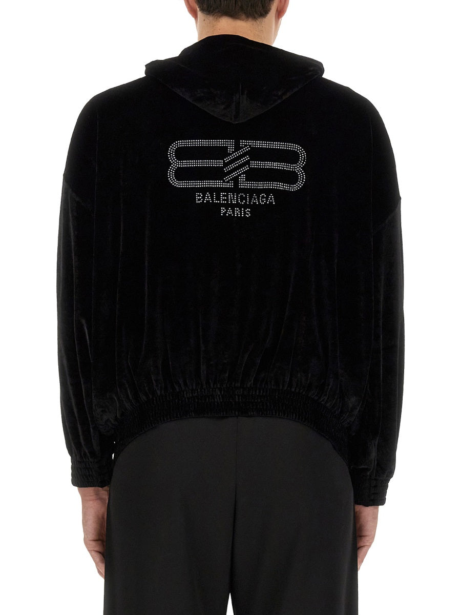 Velvet Sweatshirt with Hood and Modern Silhouette