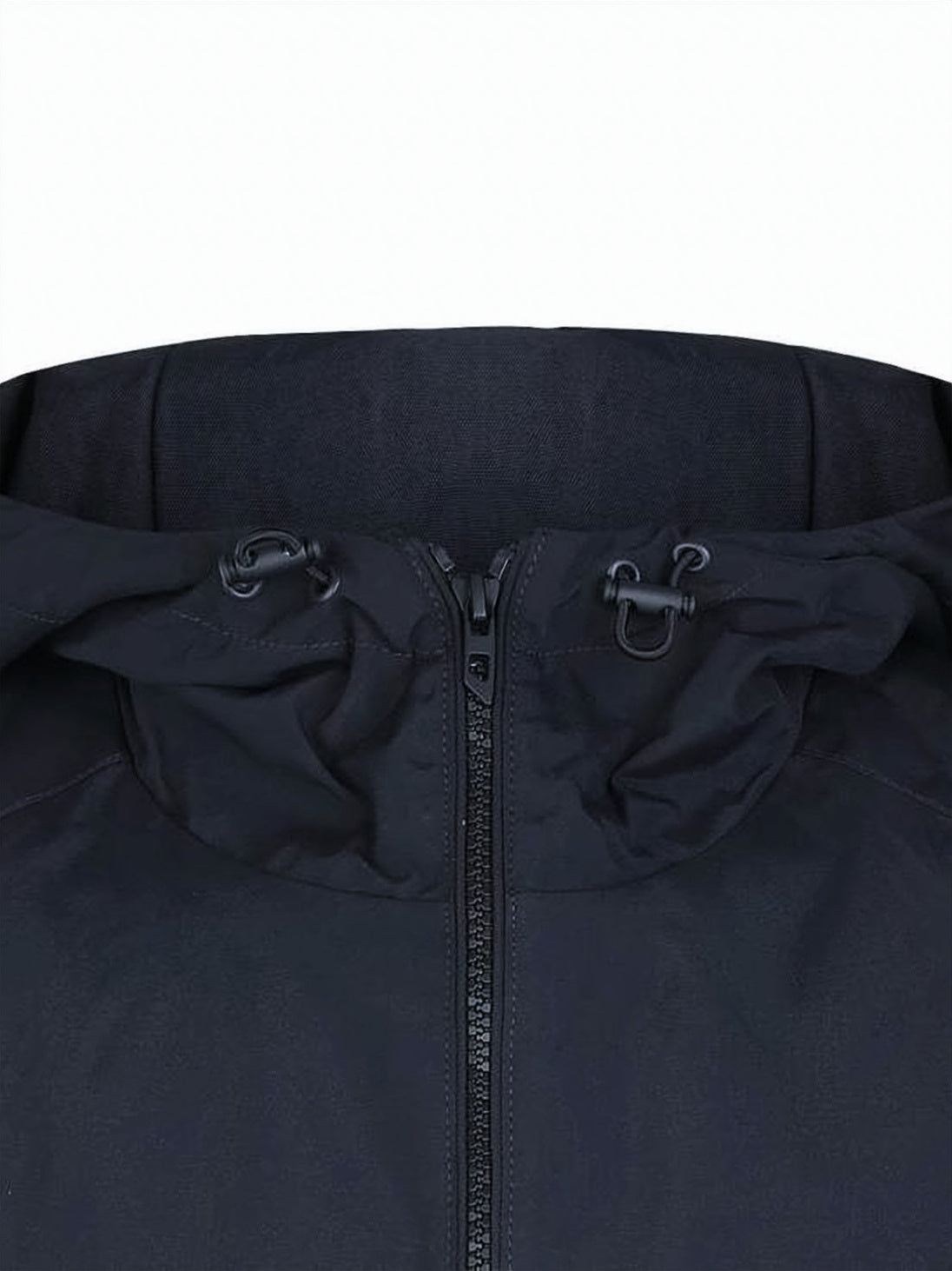 Hooded Black Nylon Jacket with Piping and Adjustable Features